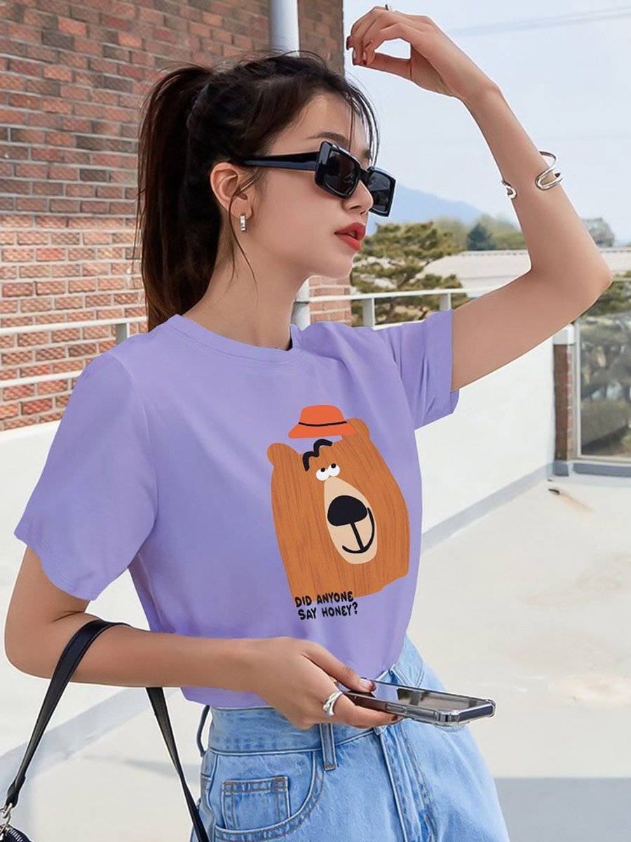 Purple Bear Graphic Print Round Neck T-Shirt