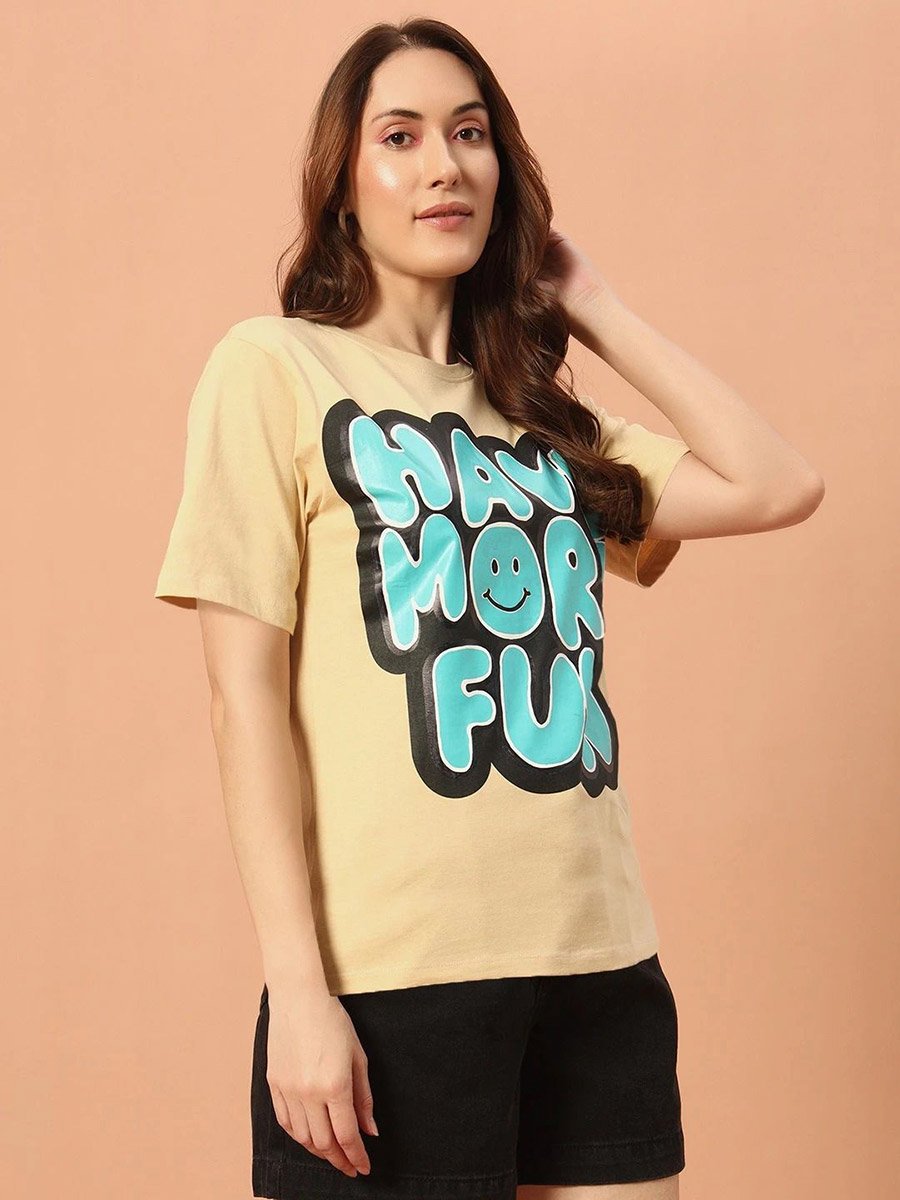 Yellow Graphic Print Round Neck Cotton T-Shirt