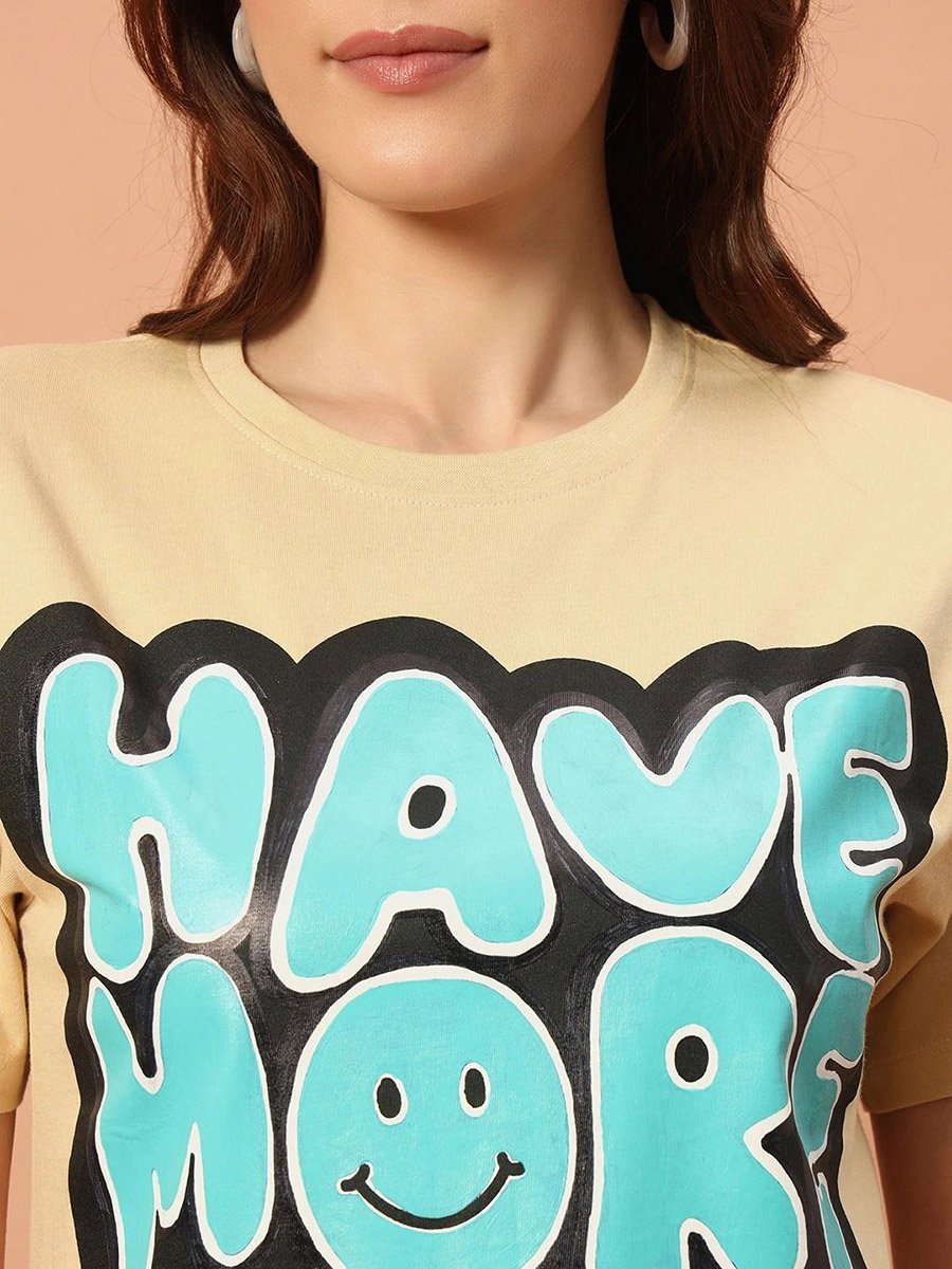 Yellow Graphic Print Round Neck Cotton T-Shirt