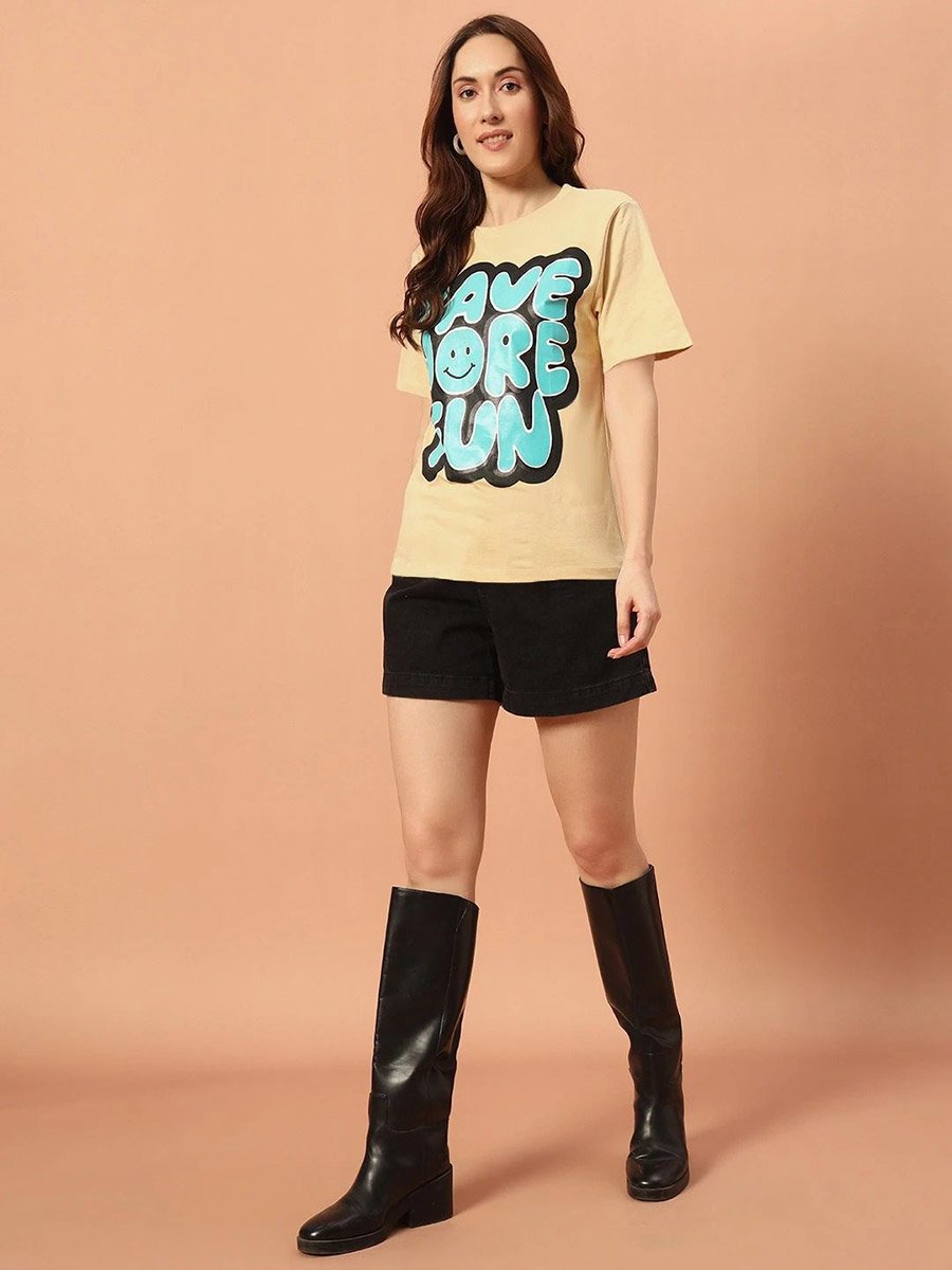 Yellow Graphic Print Round Neck Cotton T-Shirt