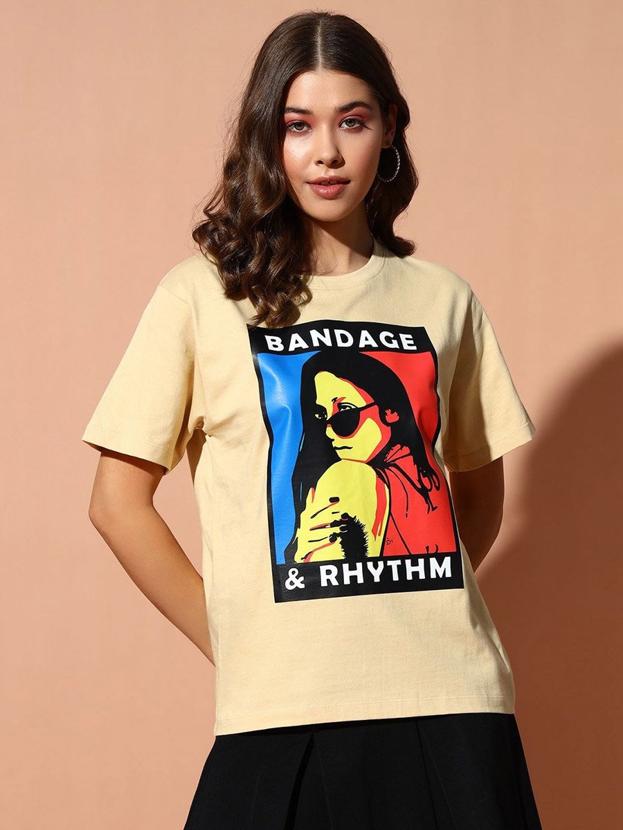 Beige Graphic Print Round Neck T-Shirt