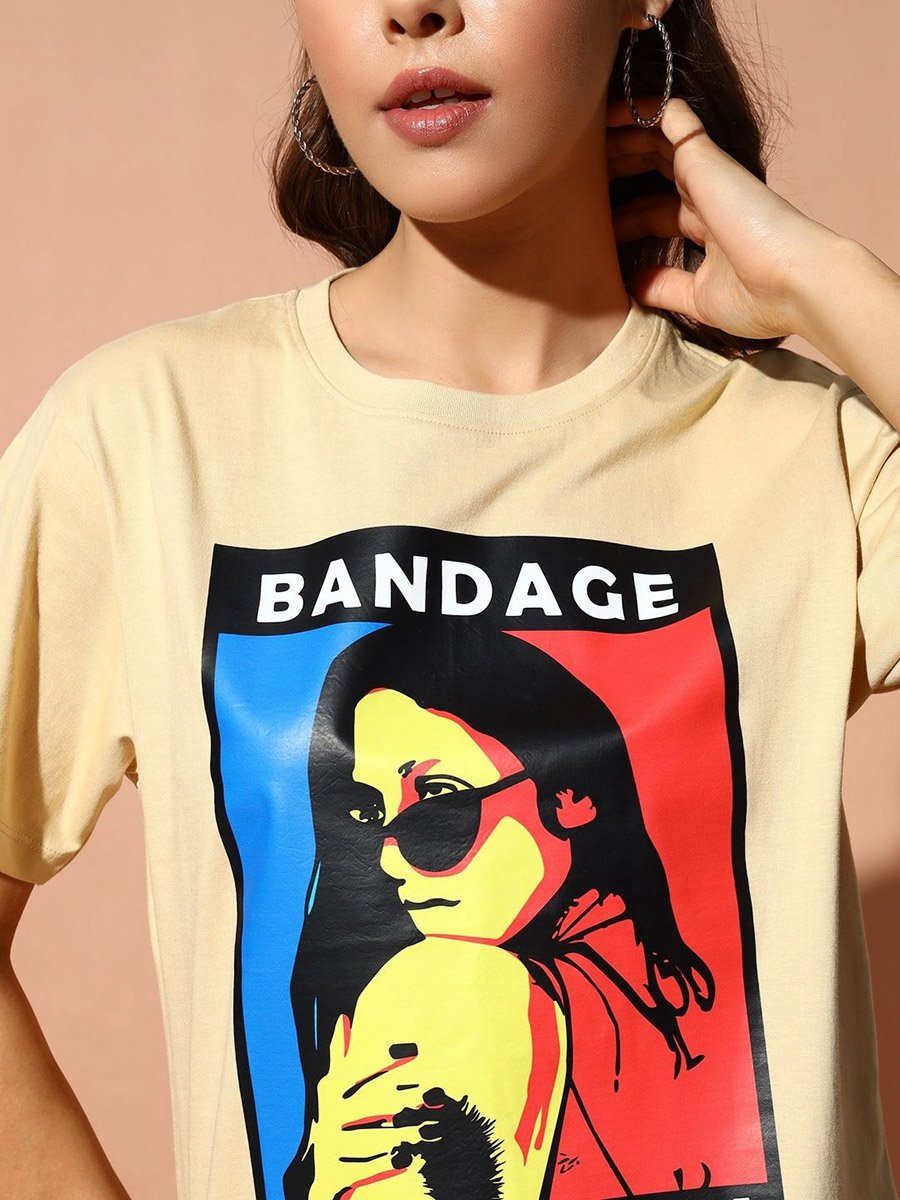 Beige Graphic Print Round Neck T-Shirt