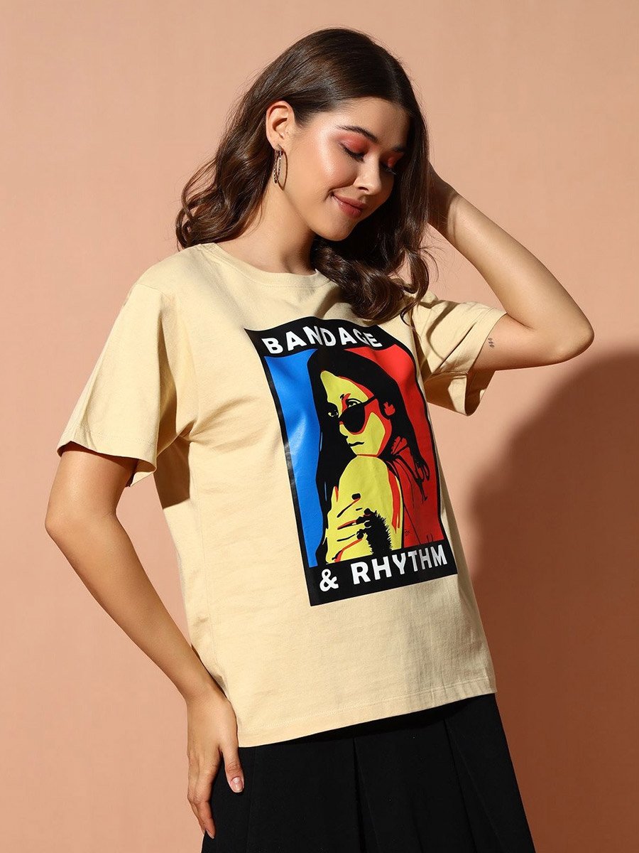 Beige Graphic Print Round Neck T-Shirt