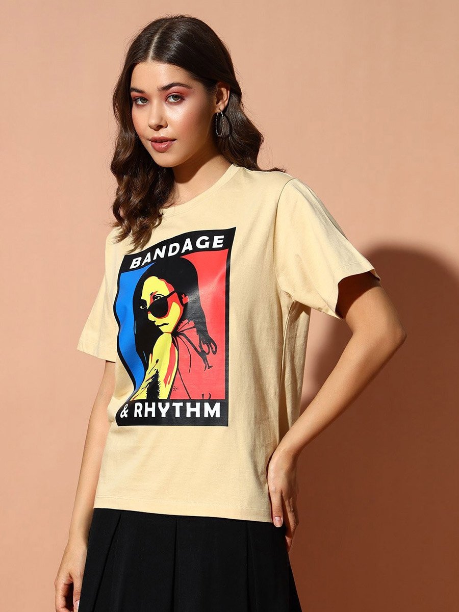 Beige Graphic Print Round Neck T-Shirt