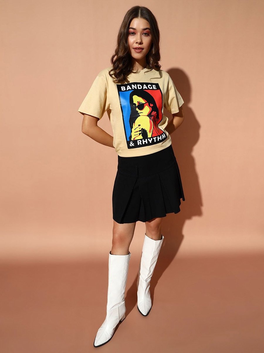 Beige Graphic Print Round Neck T-Shirt