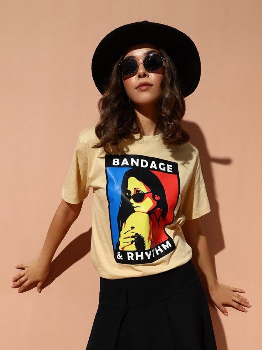 Beige Graphic Print Round Neck T-Shirt