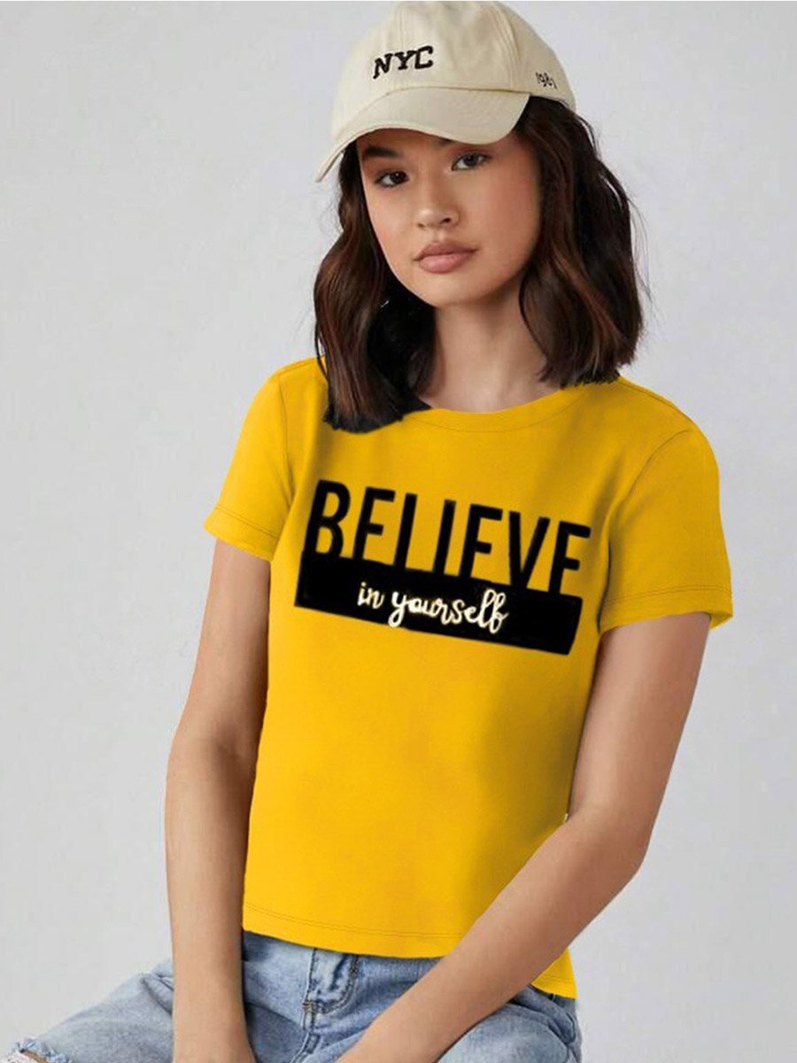 Mustard Typography Applique T-Shirt