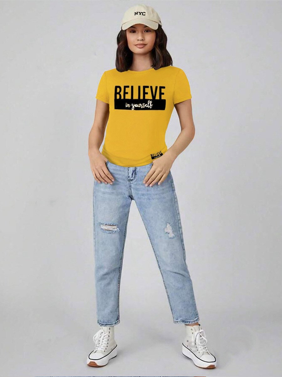 Mustard Typography Applique T-Shirt