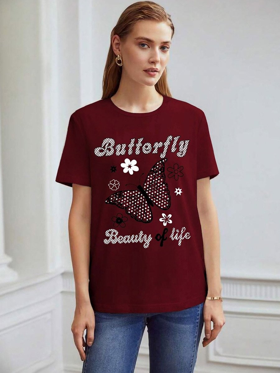 Maroon Butterfly Graphic Regular Fit T-Shirt