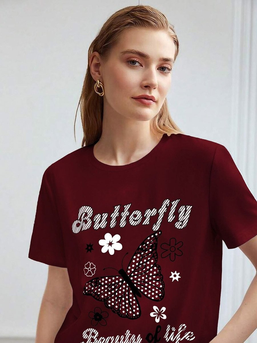 Maroon Butterfly Graphic Regular Fit T-Shirt