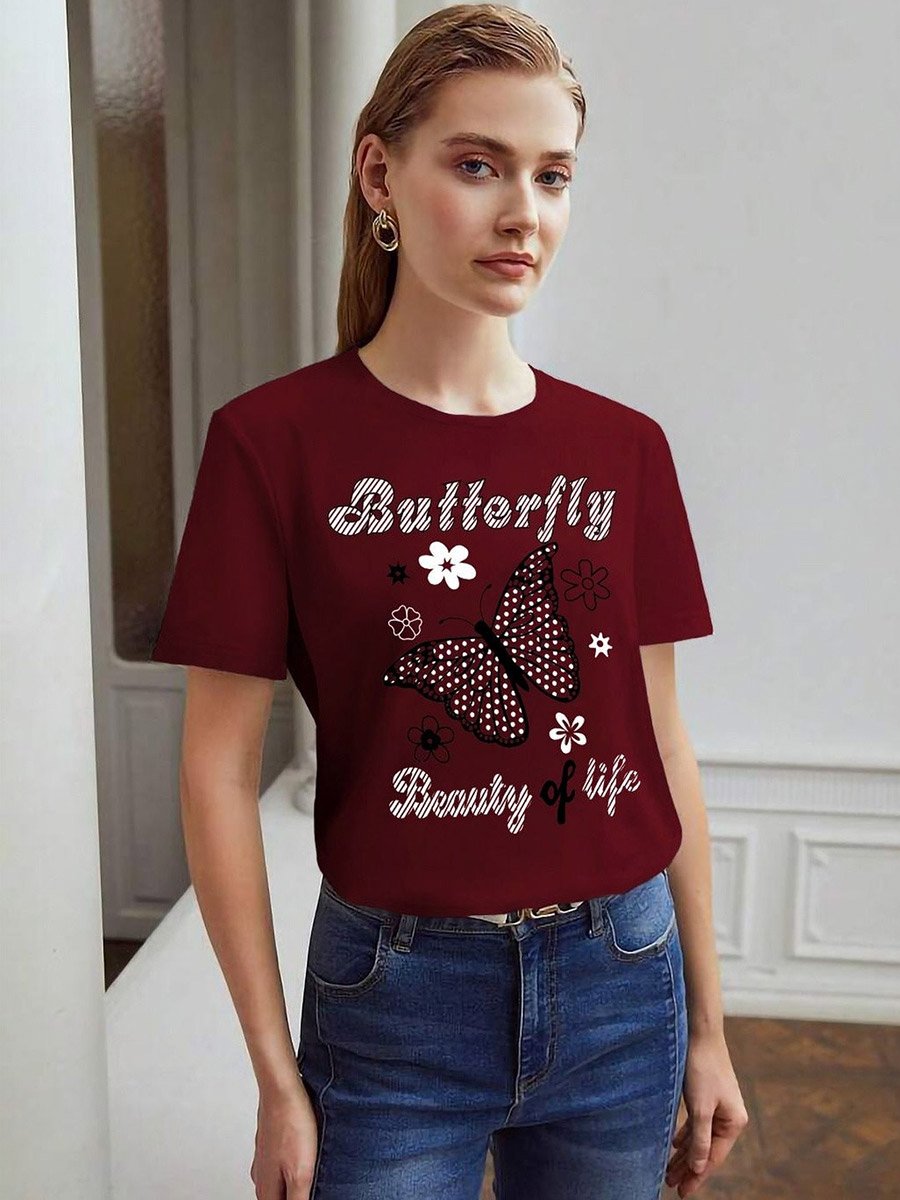 Maroon Butterfly Graphic Regular Fit T-Shirt