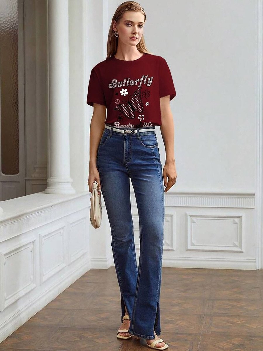 Maroon Butterfly Graphic Regular Fit T-Shirt