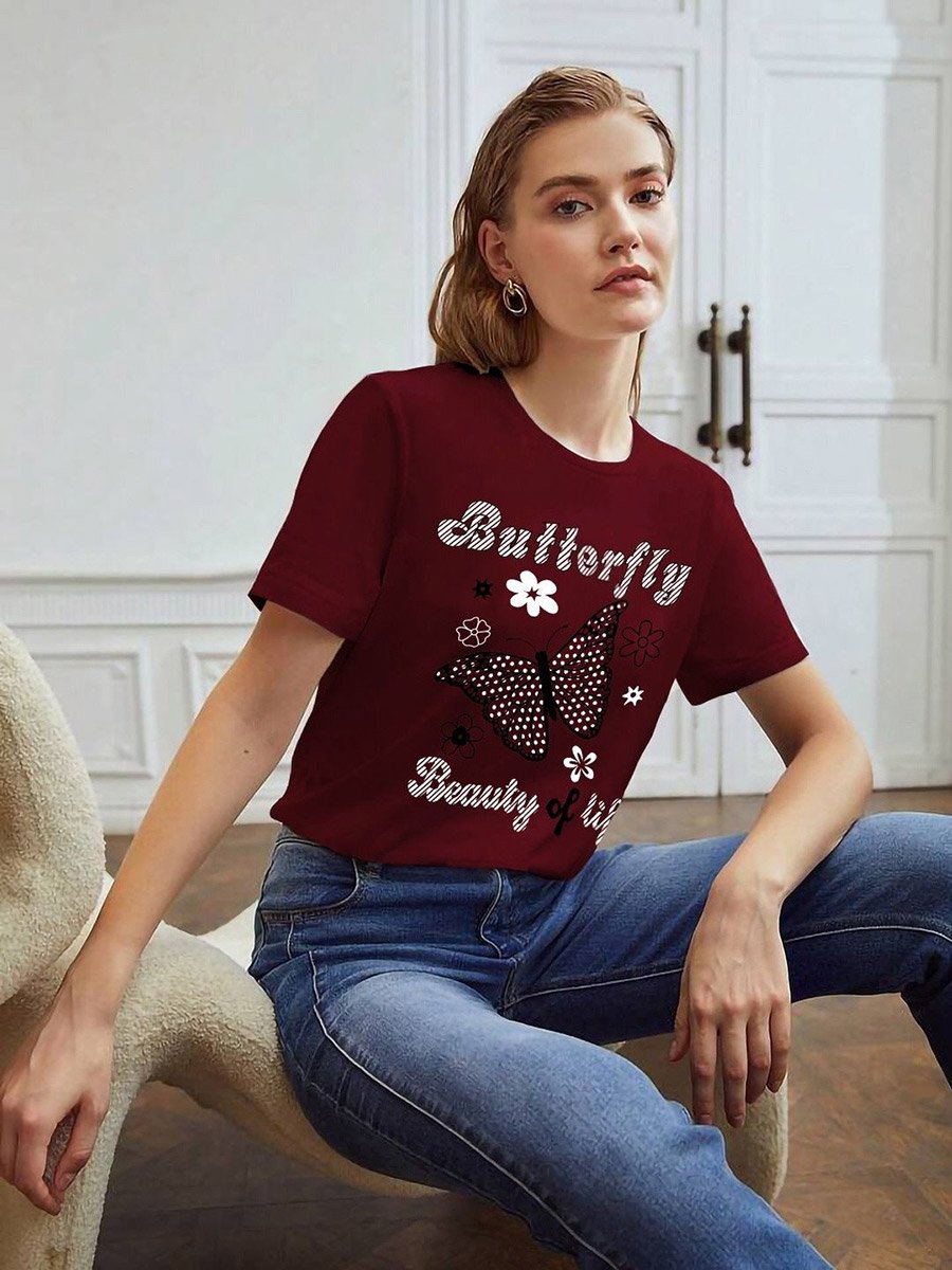 Maroon Butterfly Graphic Regular Fit T-Shirt
