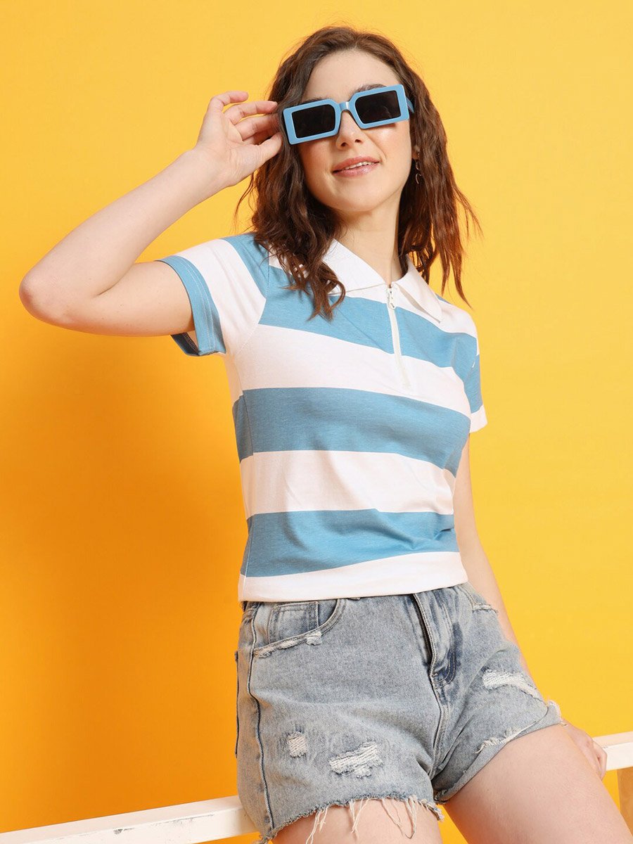 Striped Polo Collar T-Shirt with Zipper