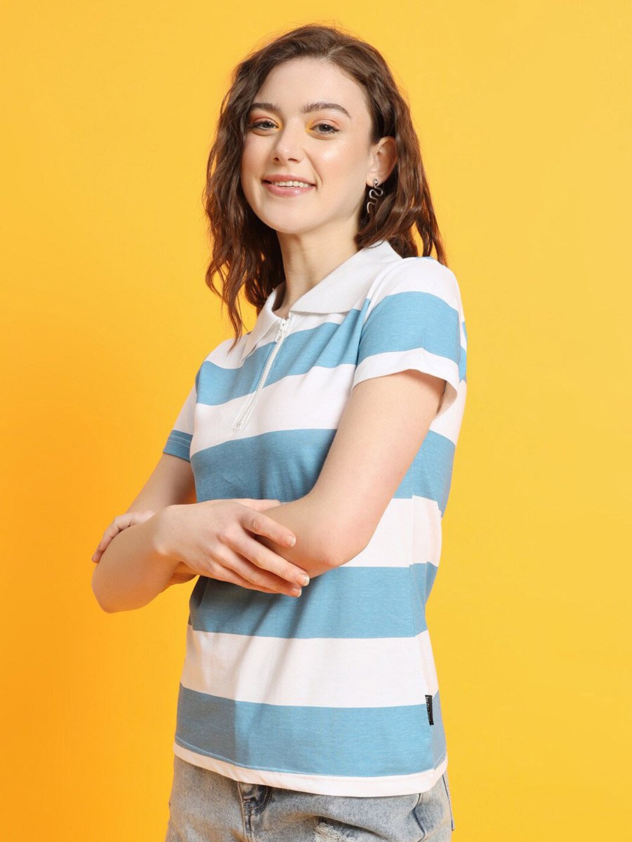 Striped Polo Collar T-Shirt with Zipper