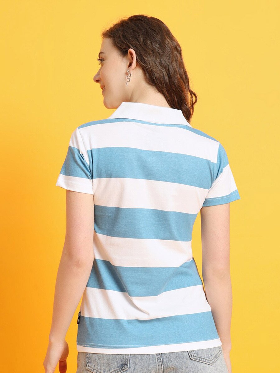Striped Polo Collar T-Shirt with Zipper