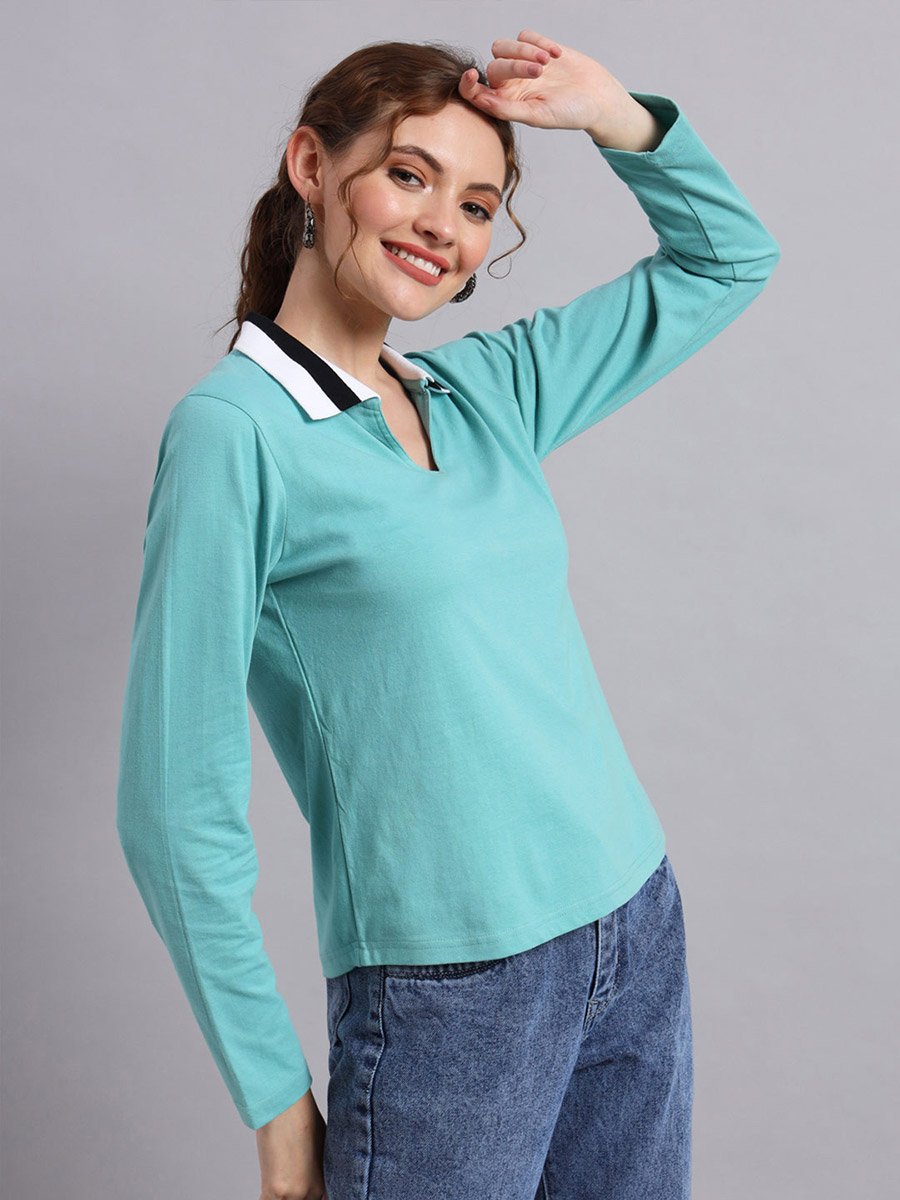 Turquoise Long Sleeve Polo T-Shirt - Regular Fit