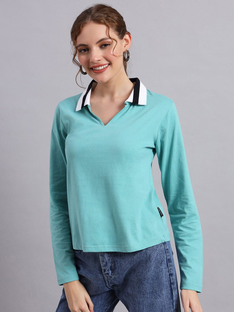 Turquoise Long Sleeve Polo T-Shirt - Regular Fit