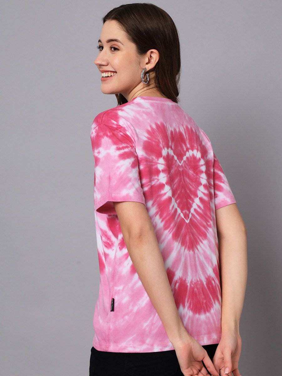 Pink Oversized Tie-Dye Heart Cotton T-Shirt