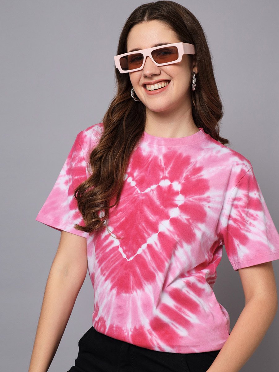 Pink Oversized Tie-Dye Heart Cotton T-Shirt