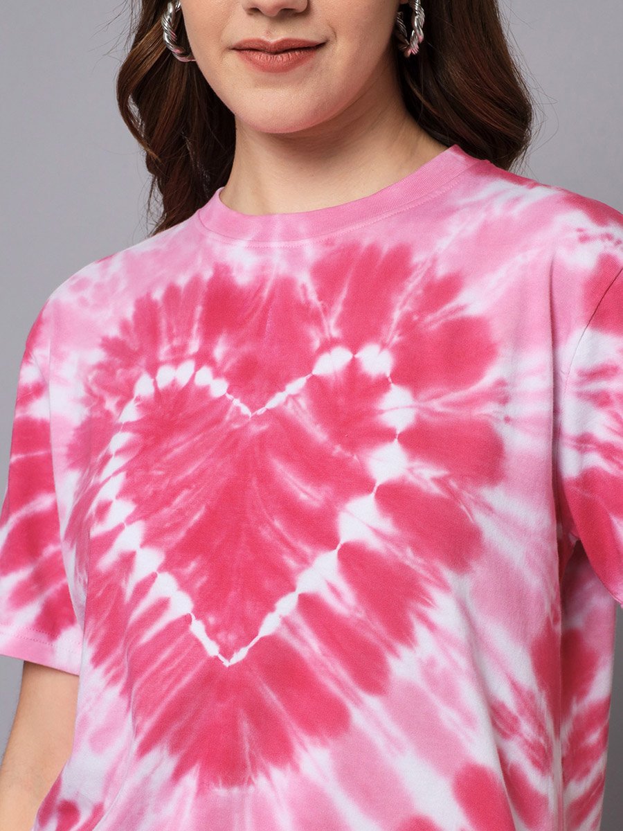 Pink Oversized Tie-Dye Heart Cotton T-Shirt