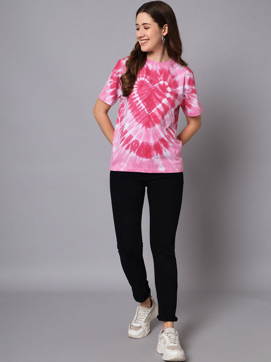 Pink Oversized Tie-Dye Heart Cotton T-Shirt