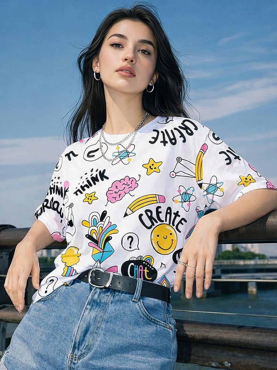 White Oversized Conversational Print T-Shirt
