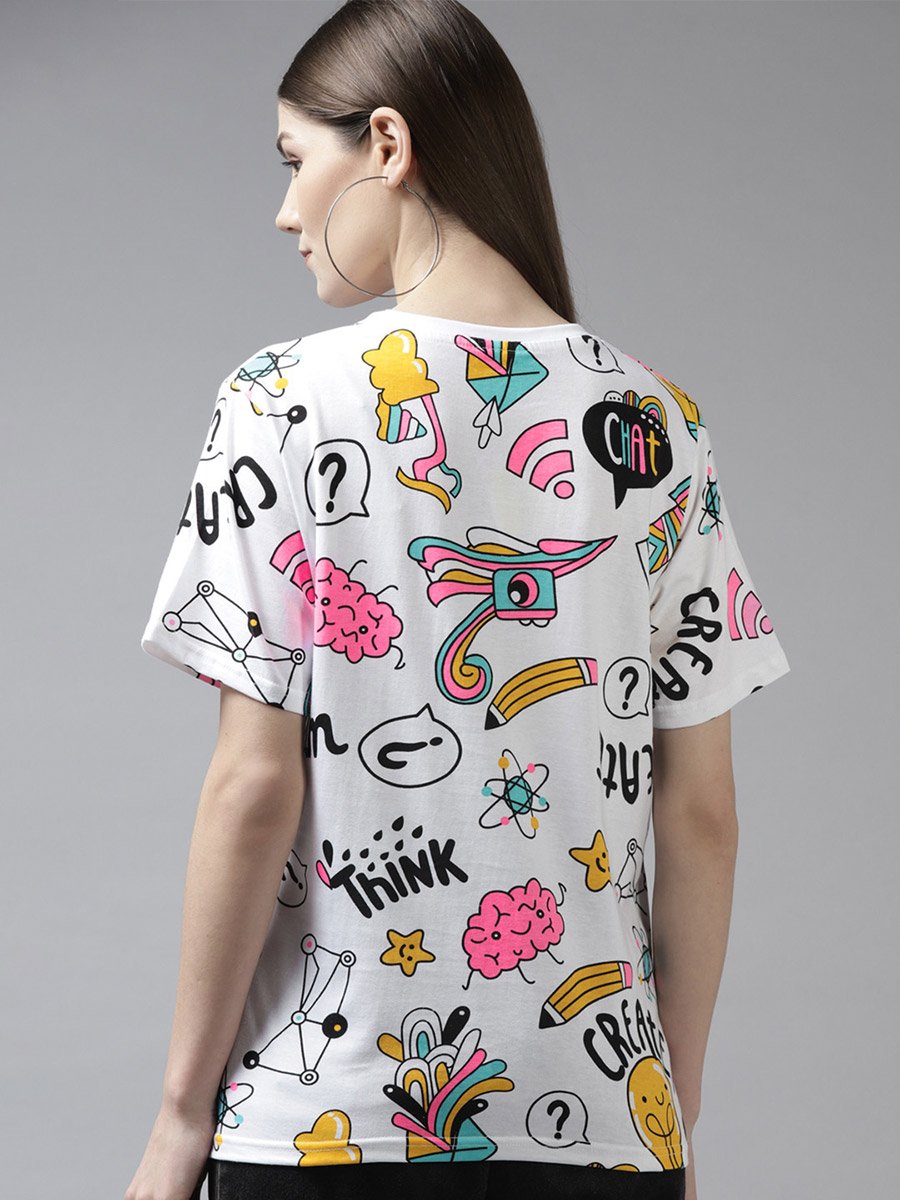 White Oversized Conversational Print T-Shirt