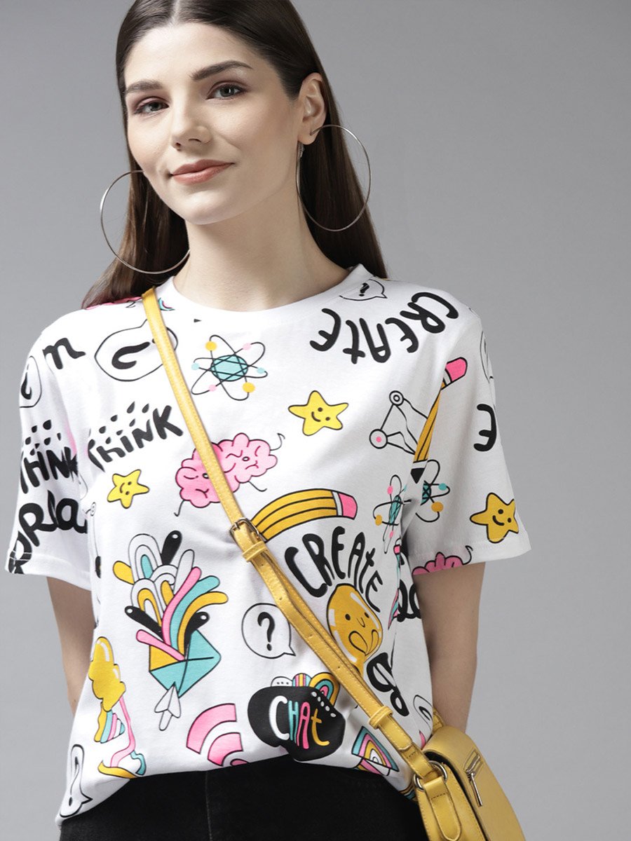 White Oversized Conversational Print T-Shirt