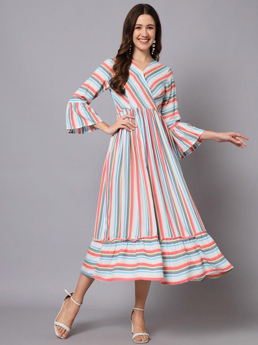 Multi-Striped 3/4 Sleeve A-Line Maxi Dress
