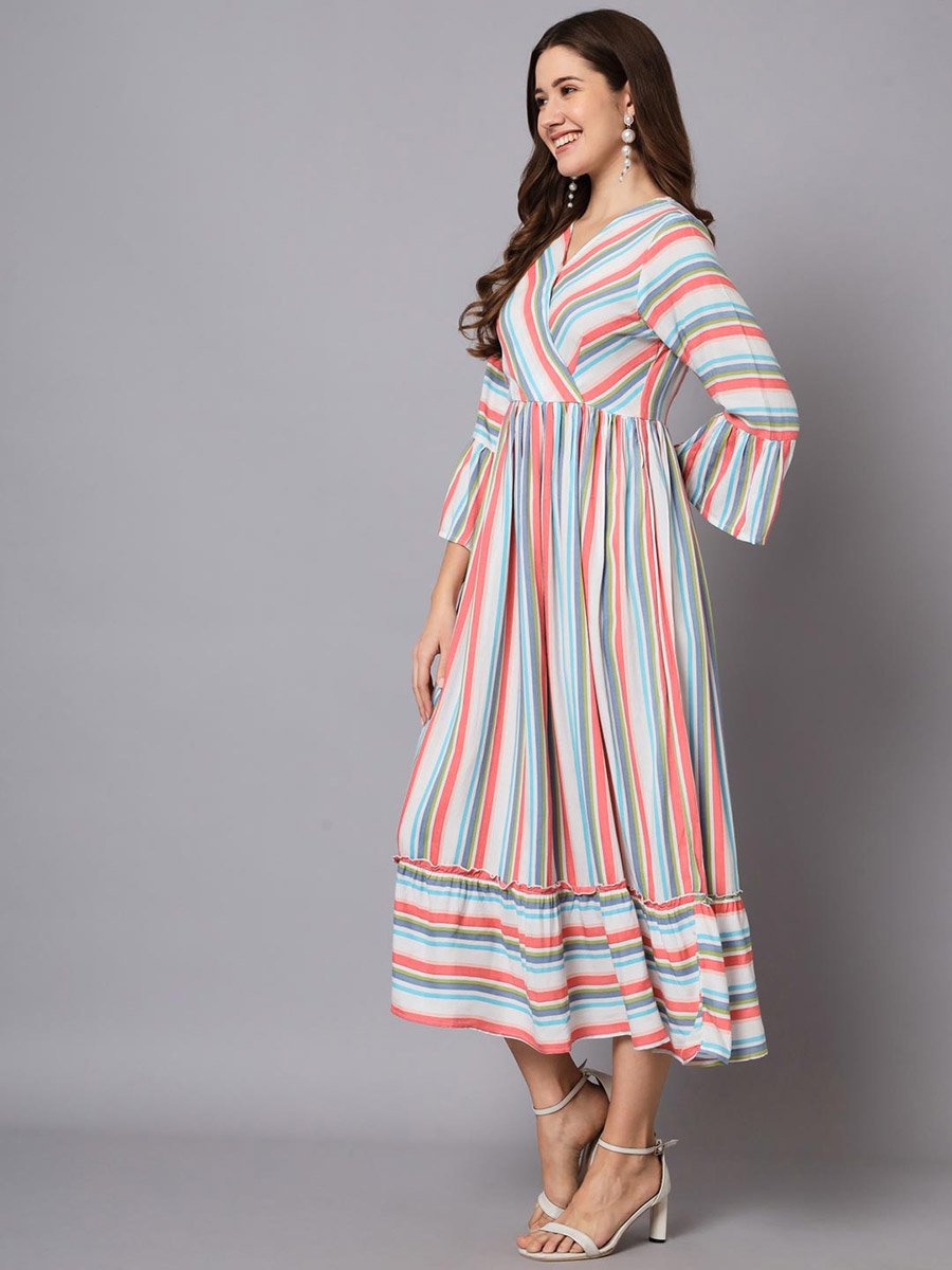 Multi-Striped 3/4 Sleeve A-Line Maxi Dress