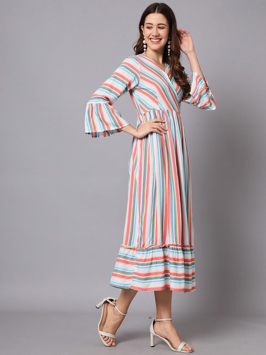 Multi-Striped 3/4 Sleeve A-Line Maxi Dress