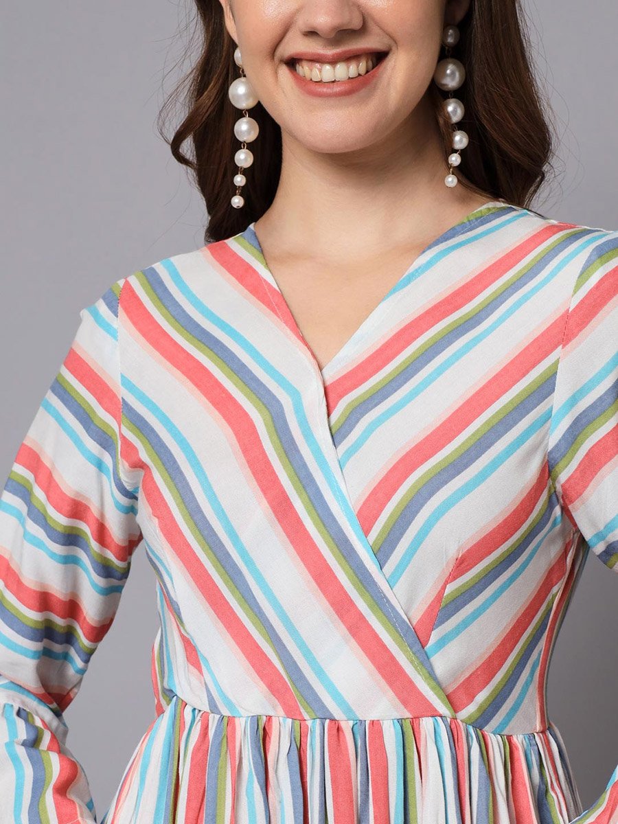 Multi-Striped 3/4 Sleeve A-Line Maxi Dress