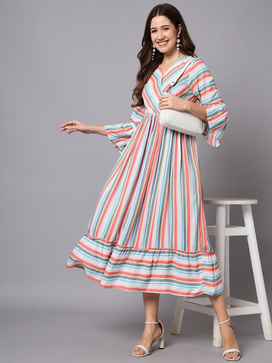 Multi-Striped 3/4 Sleeve A-Line Maxi Dress
