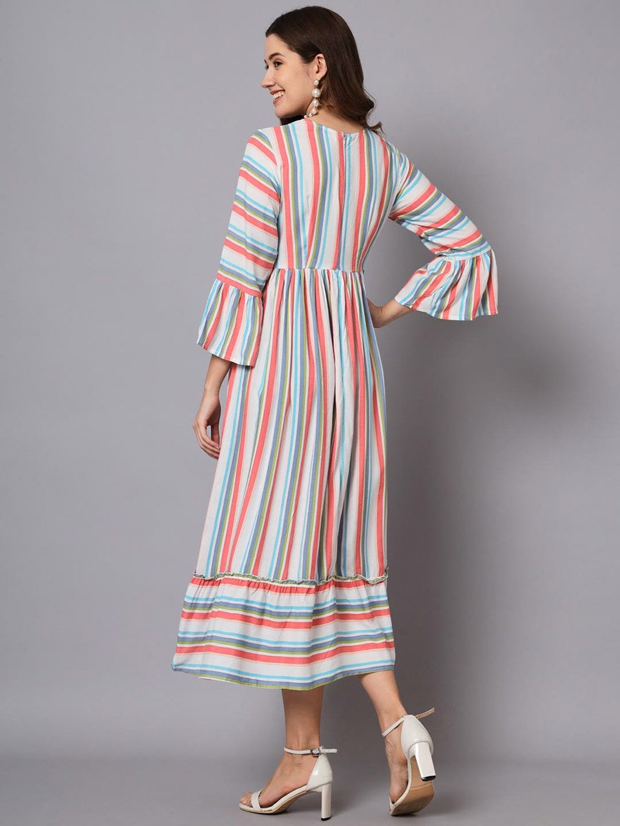 Multi-Striped 3/4 Sleeve A-Line Maxi Dress