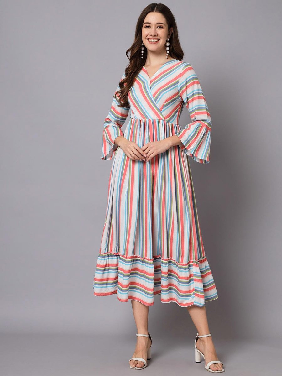 Multi-Striped 3/4 Sleeve A-Line Maxi Dress