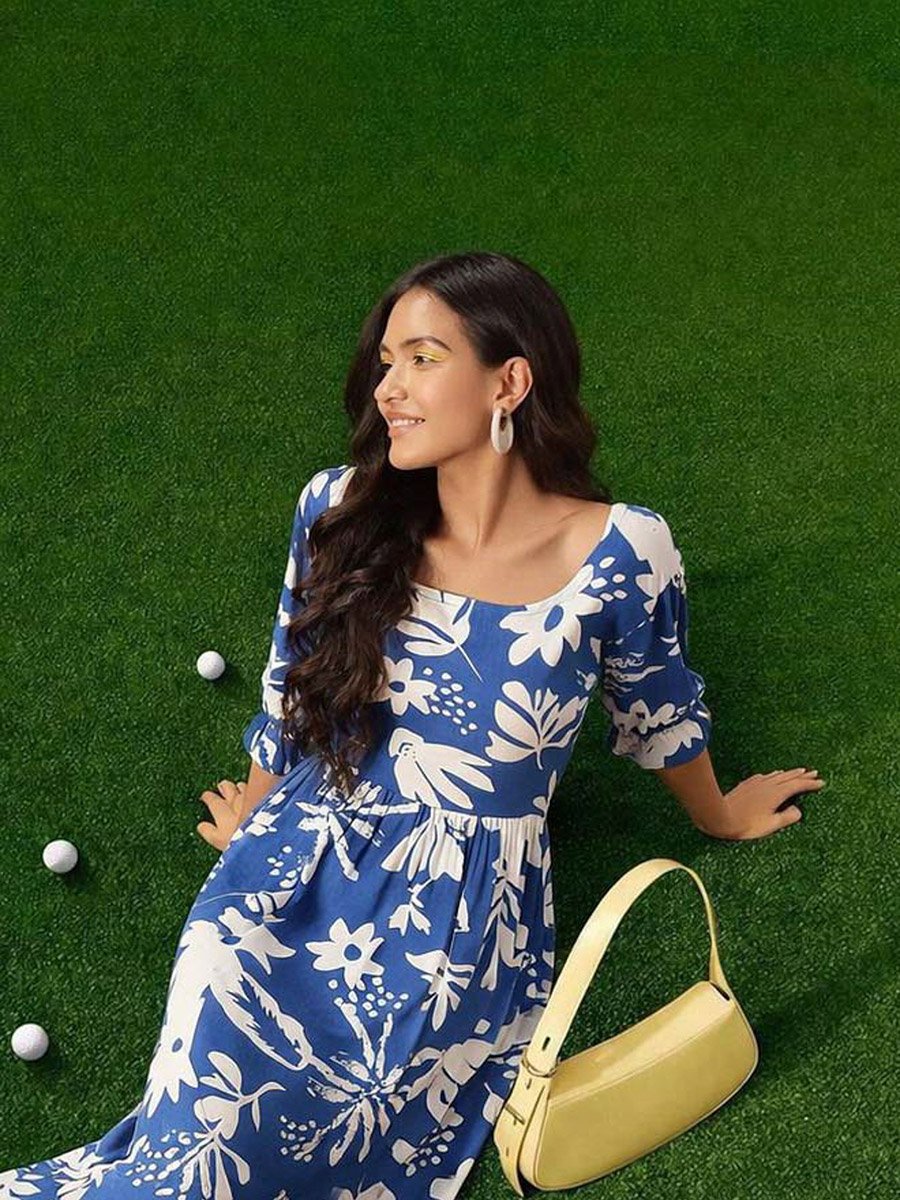 Blue Floral A-Line Mini Dress with 3/4 Sleeves