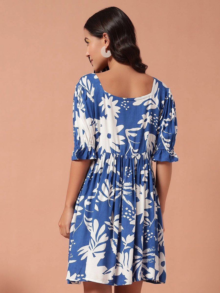 Blue Floral A-Line Mini Dress with 3/4 Sleeves