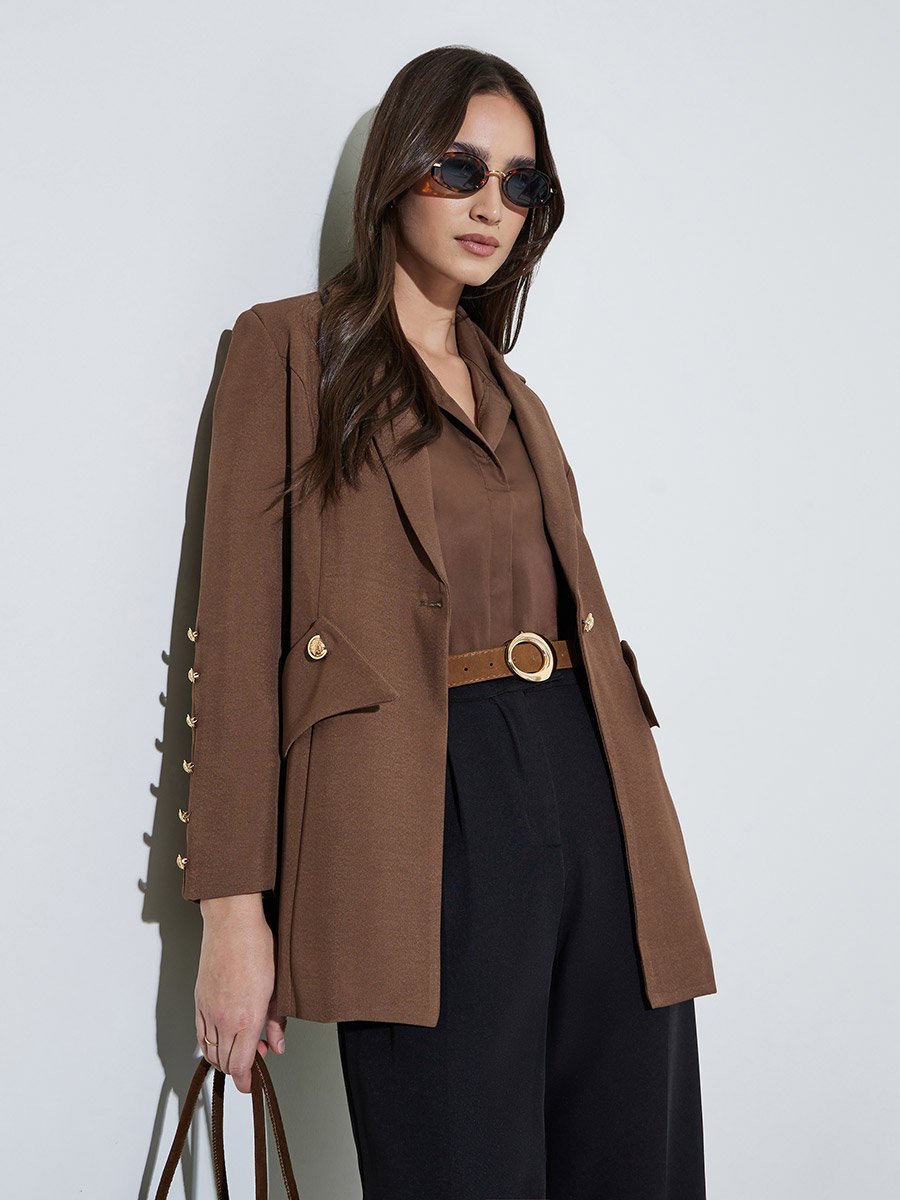 Brown Solid Button Detail Slim Fit Blazer