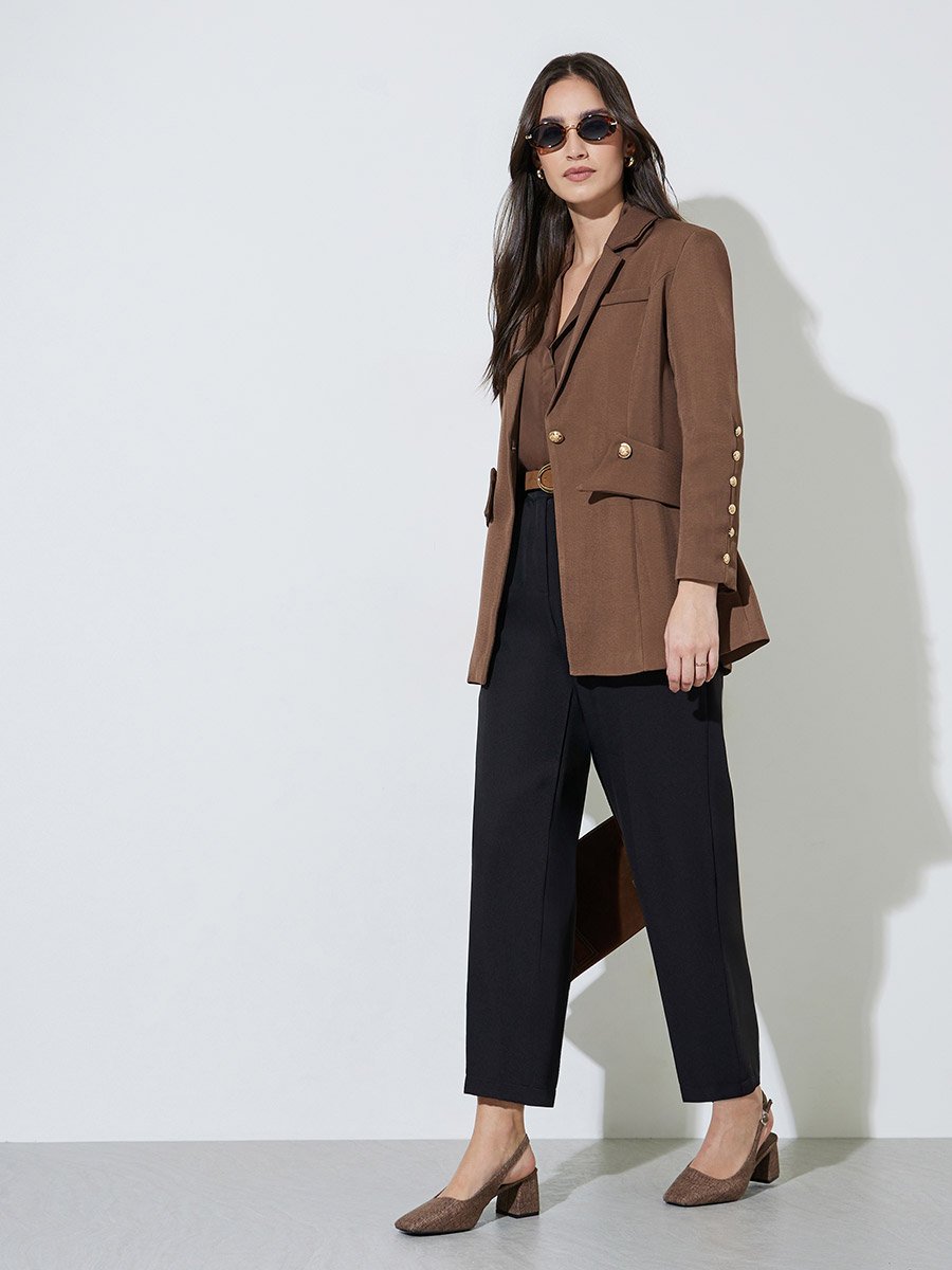 Brown Solid Button Detail Slim Fit Blazer