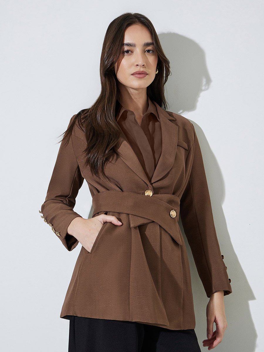 Brown Solid Button Detail Slim Fit Blazer