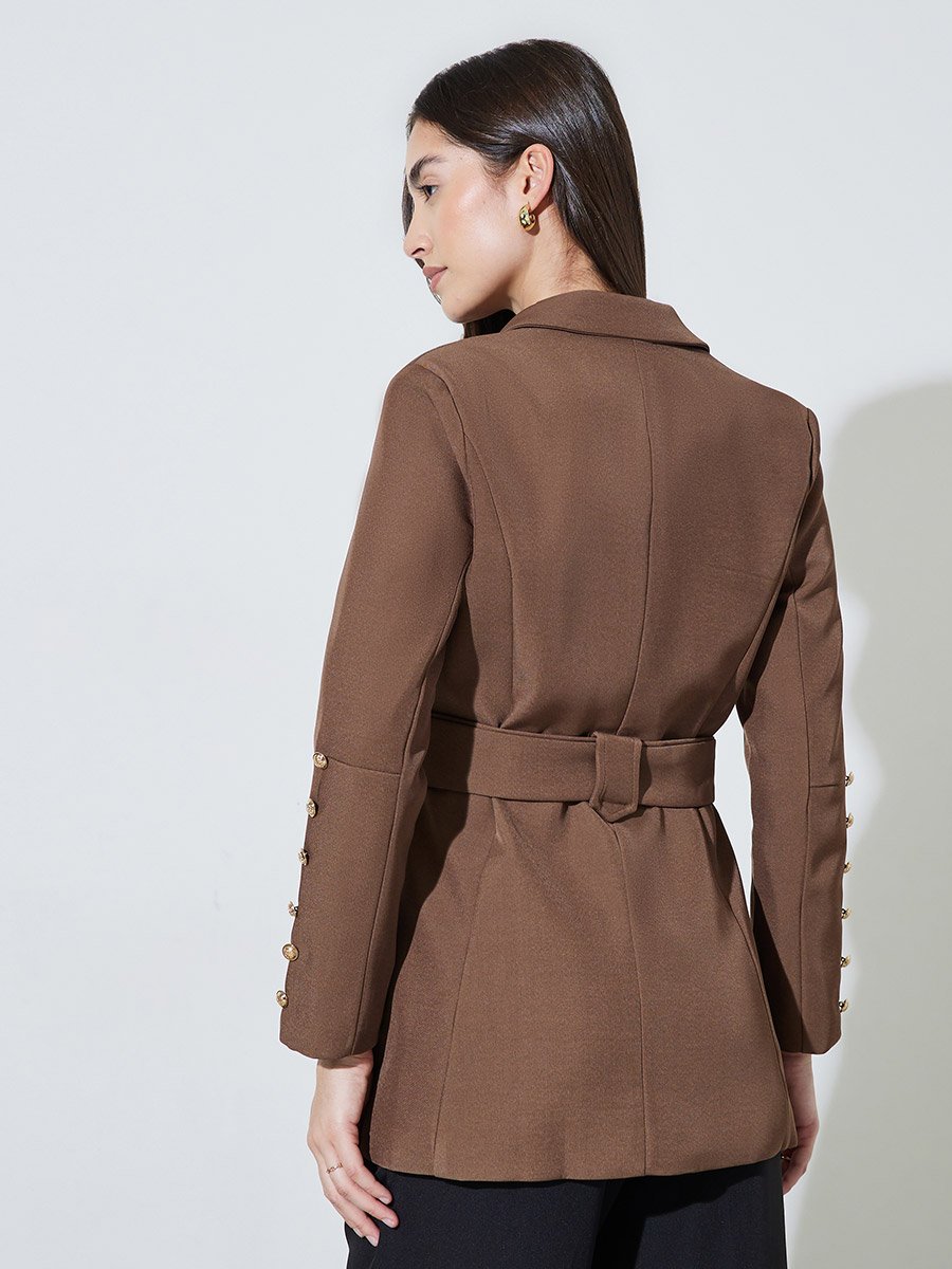 Brown Solid Button Detail Slim Fit Blazer