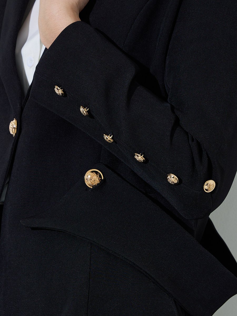 Black Solid Button Detail Slim Fit Blazer