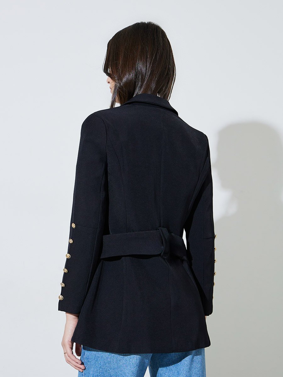 Black Solid Button Detail Slim Fit Blazer