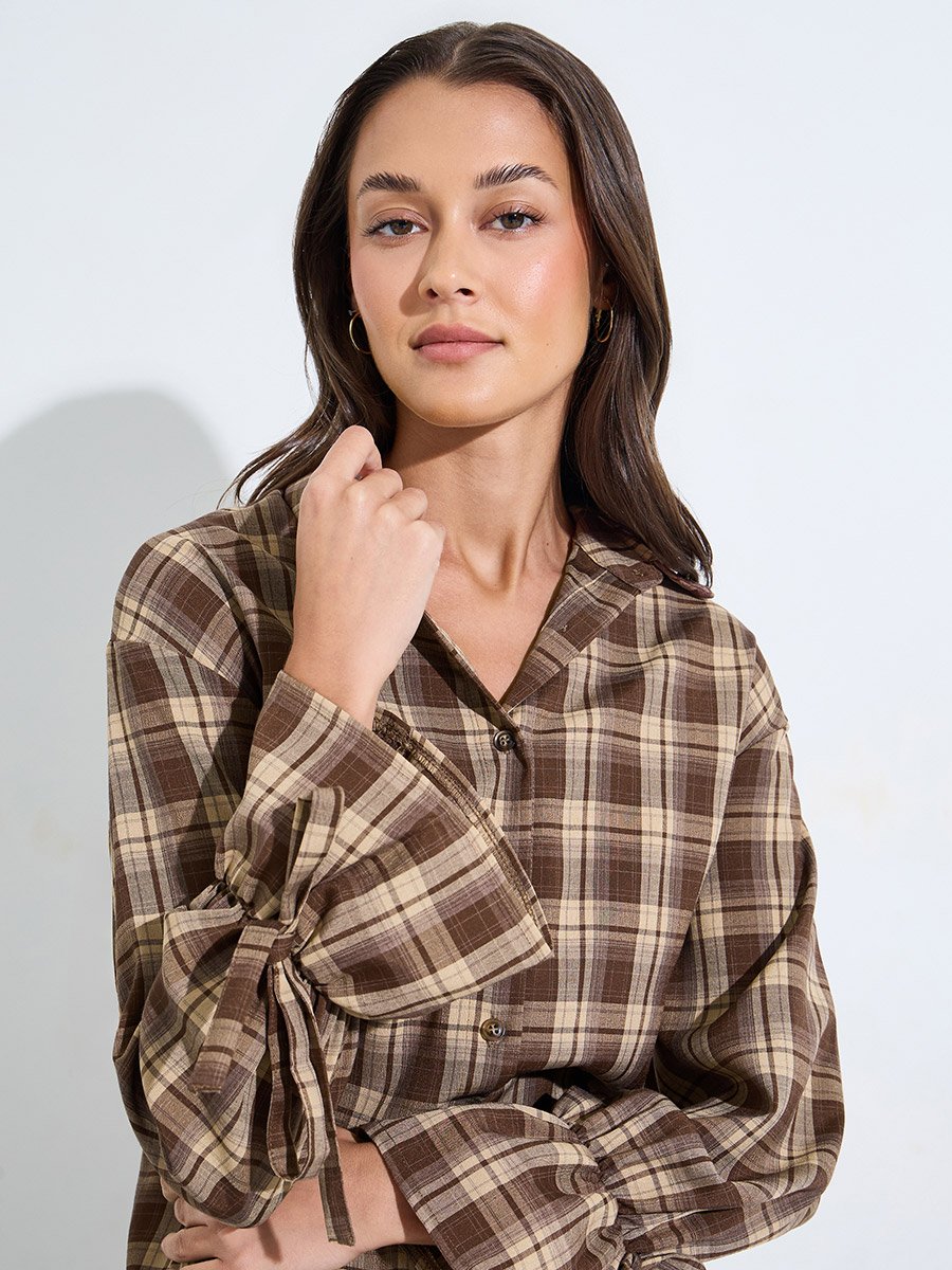 Women Brown Plaid Long Sleeve Button-Up Shirt