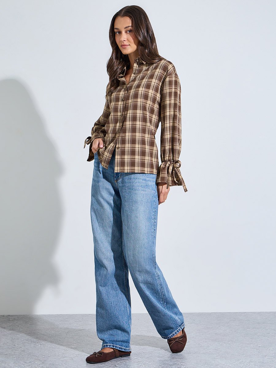 Women Brown Plaid Long Sleeve Button-Up Shirt