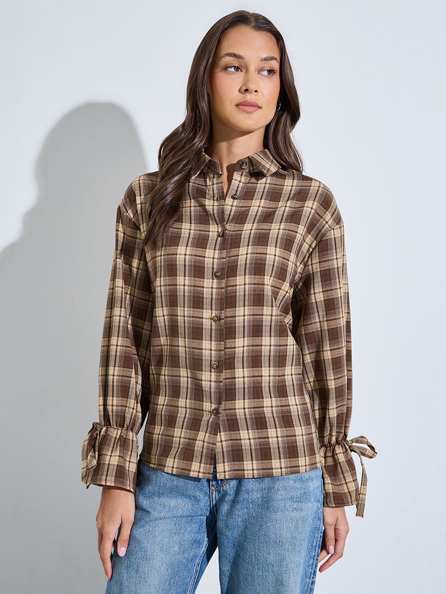 Women Brown Plaid Long Sleeve Button-Up Shirt