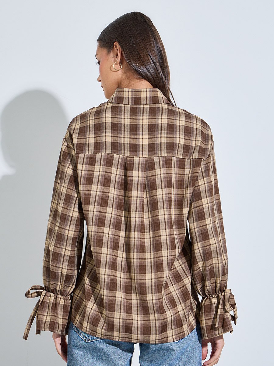 Women Brown Plaid Long Sleeve Button-Up Shirt