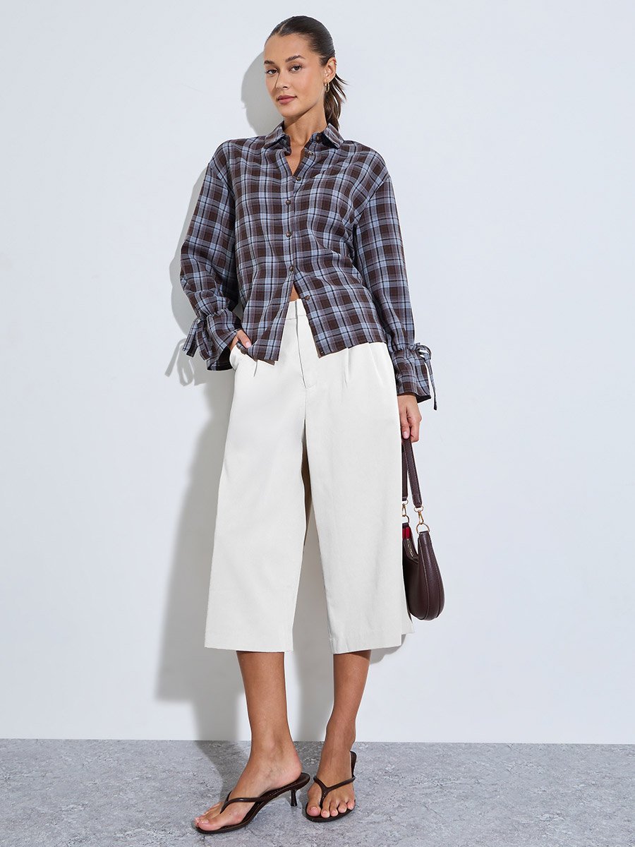 Women Burgundy Plaid Regular Fit Shirt with Tie-Cuff Long Sleeves