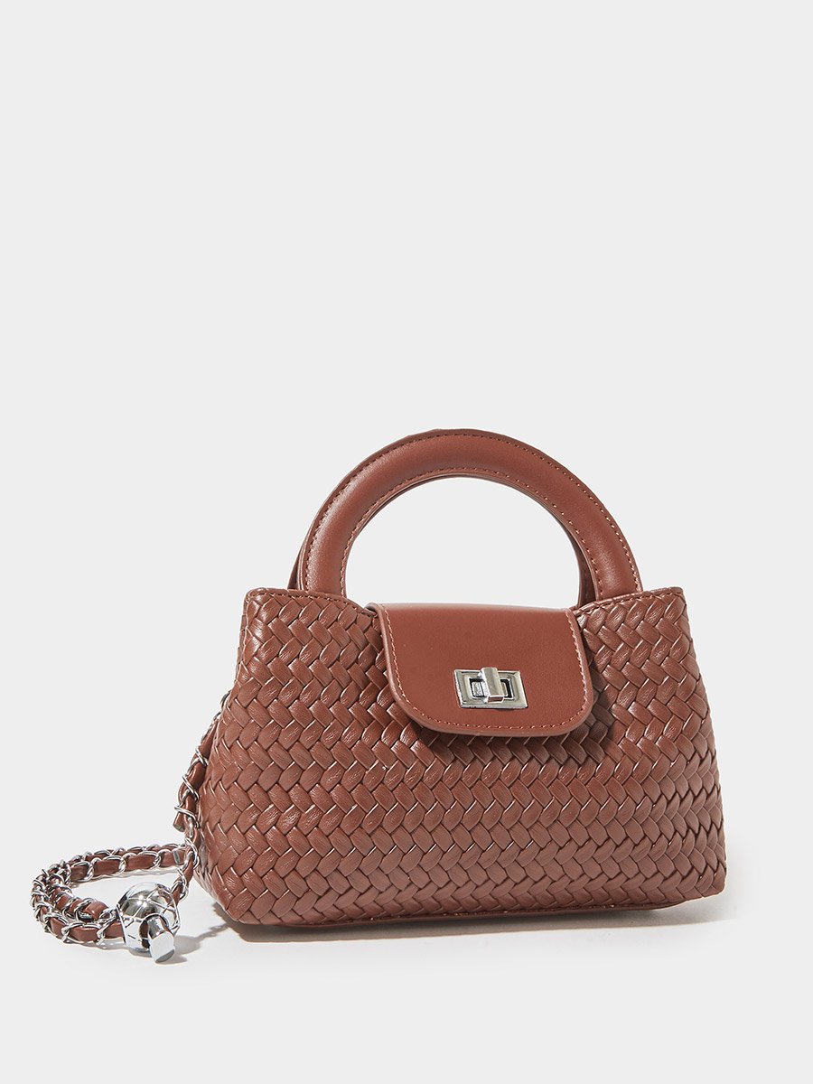Brown Woven Mini Handbag with Chain Strap